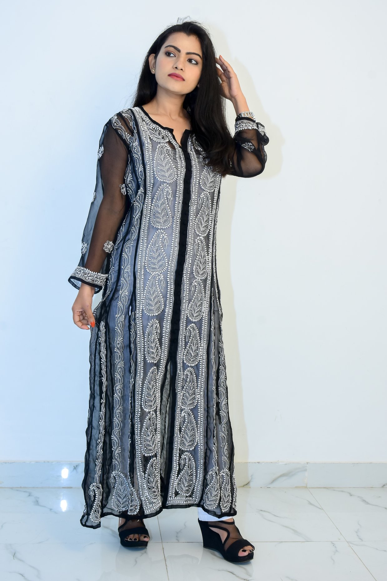 Buy Traditional Wear Black Lucknowi Work Modal Kurti With Palazzo Online  From Surat Wholesale Shop.