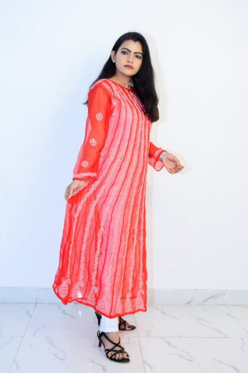 Red and White Georgette Kurti