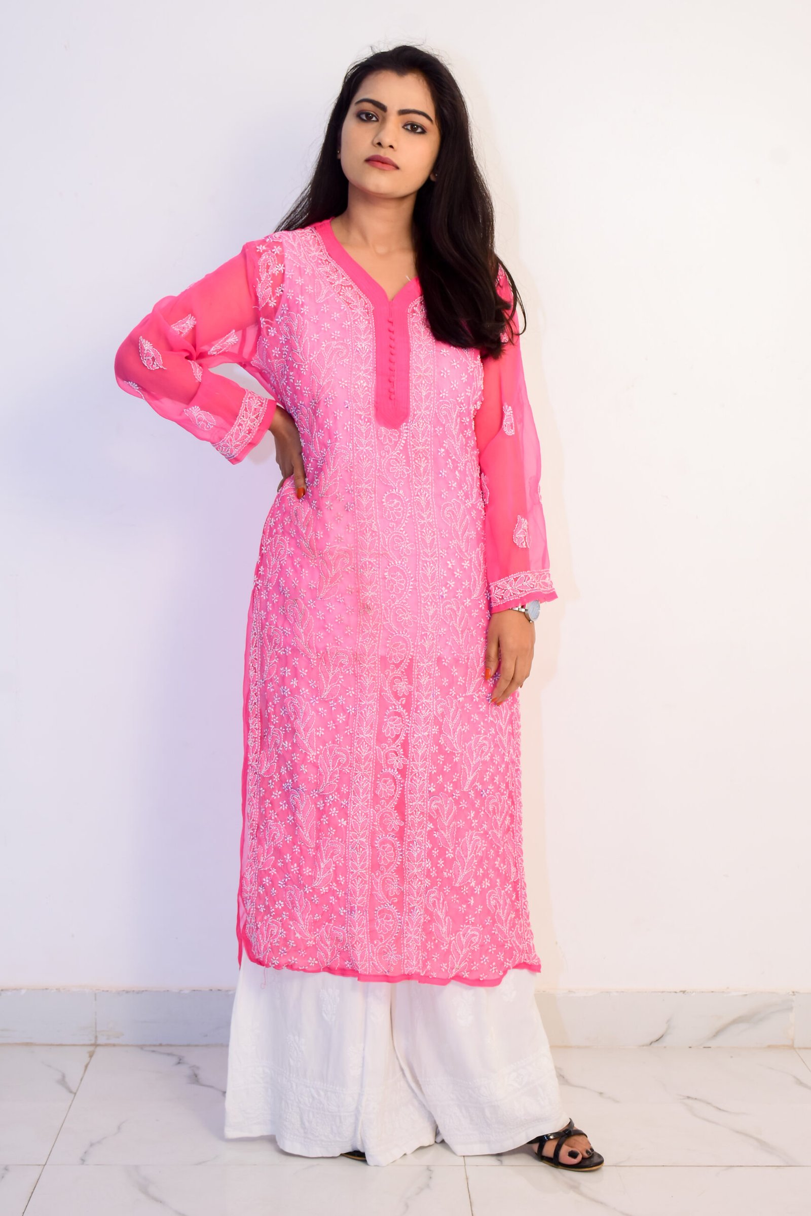 Peach Colour Georgette Long Length Kurti Lucknowi Hand Embroidered  Chikankari Work  Fiza Fashions