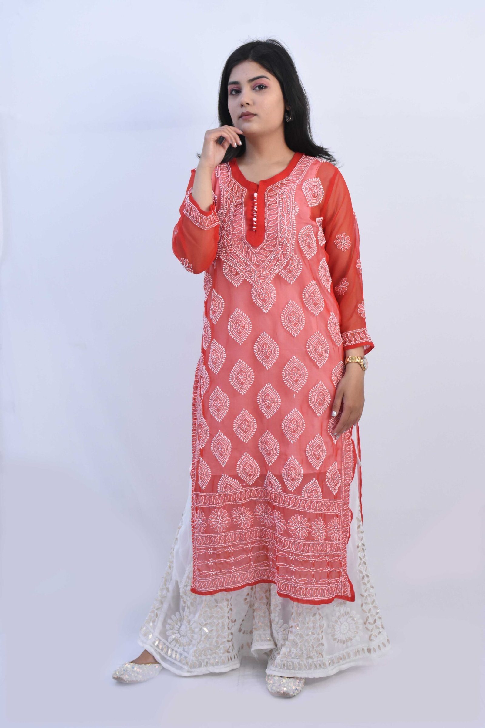 Lucknowi Chikankari Women's Kurti Palazzo Set Blush Pink - Vasangini-as247.edu.vn
